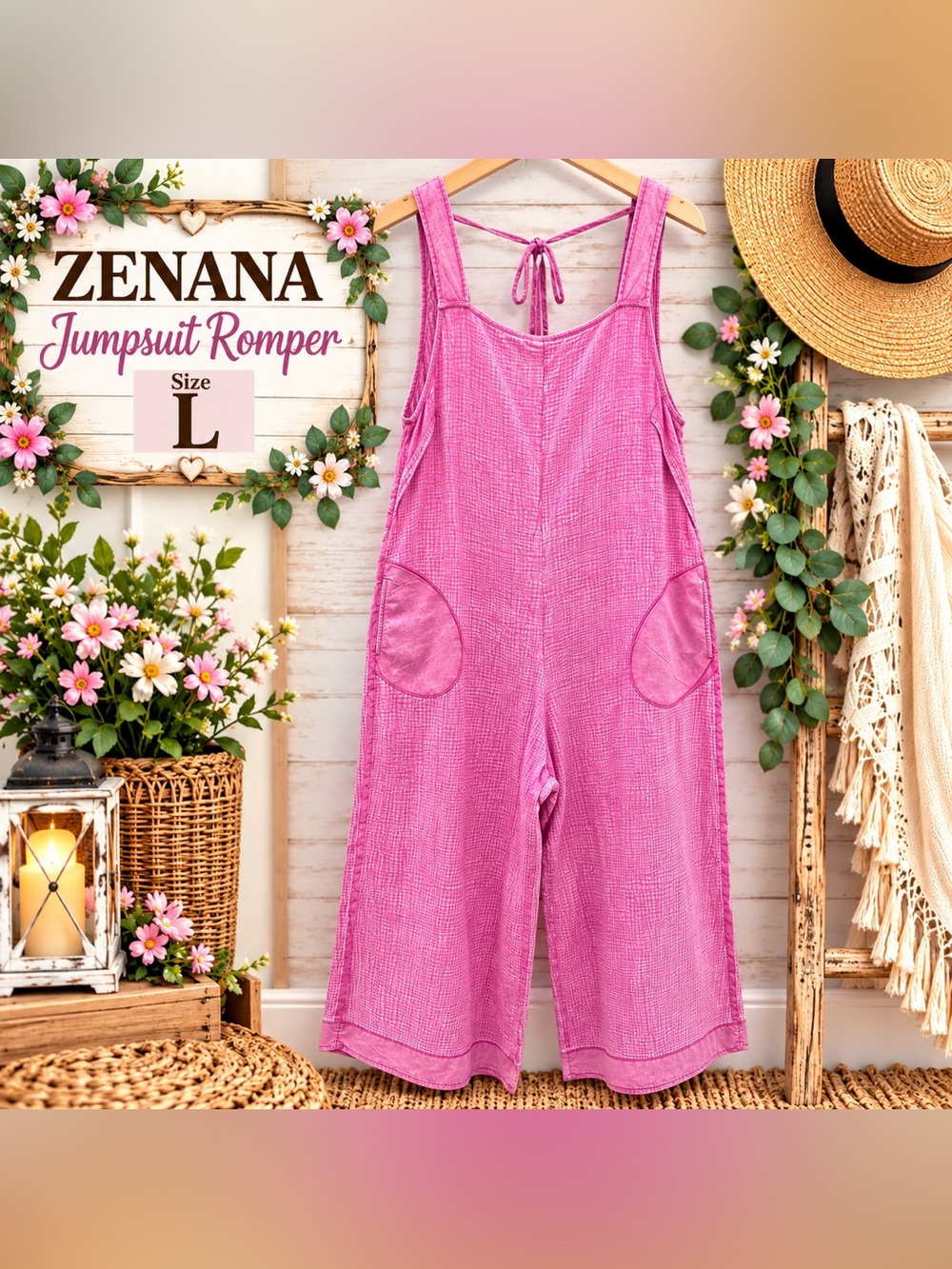 ZENANA Women’s Pink Mineral Wash Cotton Gauze Wide Leg Jumpsuit Romper – Size L